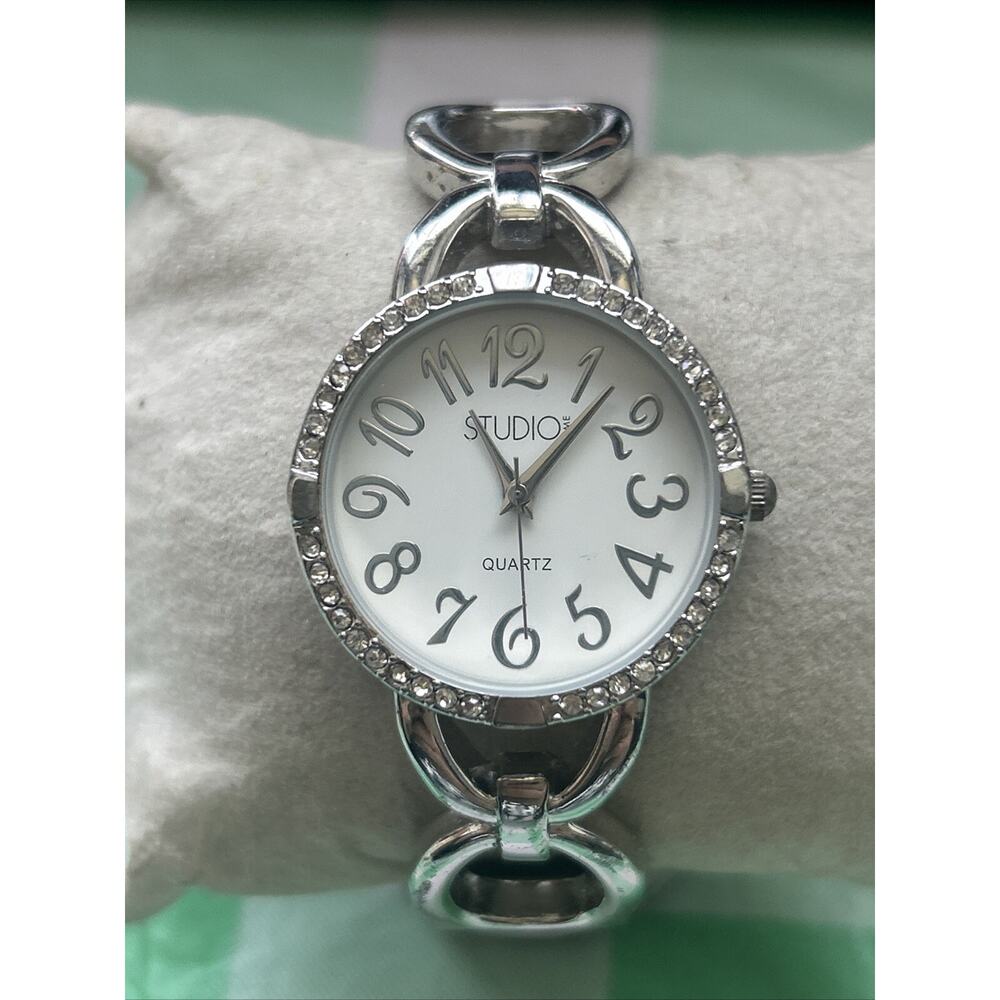 Studio Time Silver Tone Rhinestone Bezel Women’s Bangle Watch